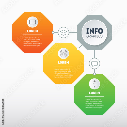 Template of chart or presentation consisting of three octagons. Infographic of technological or education process of 3 parts. Part of the report with icons set. Vector.