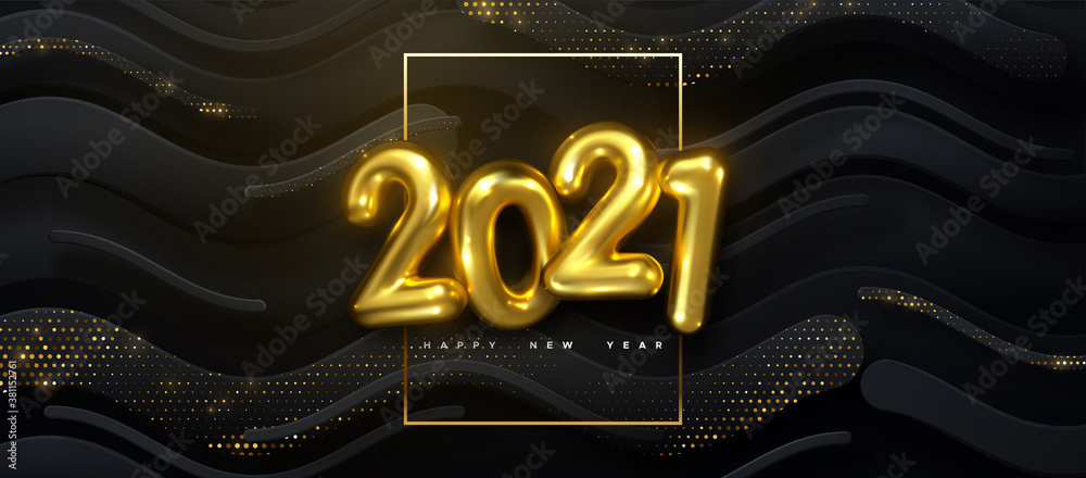 Happy New 2021 Year. Vector holiday illustration of golden numbers on black wavy strokes background textured with glittering particles - obrazy, fototapety, plakaty 