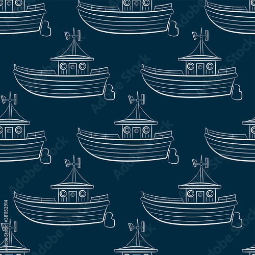 White contour old motor boats isolated on dark blue background. Cute seamless pattern. Side view. Vector flat graphic hand drawn illustration. Texture.