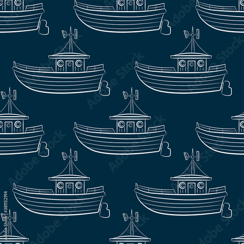 White contour old motor boats isolated on dark blue background. Cute seamless pattern. Side view. Vector flat graphic hand drawn illustration. Texture.