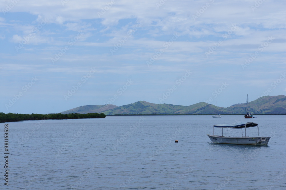 Boat on the roadstead in the bay near the town of Nadi on the island of Viti Levu in the archipelago of Fiji