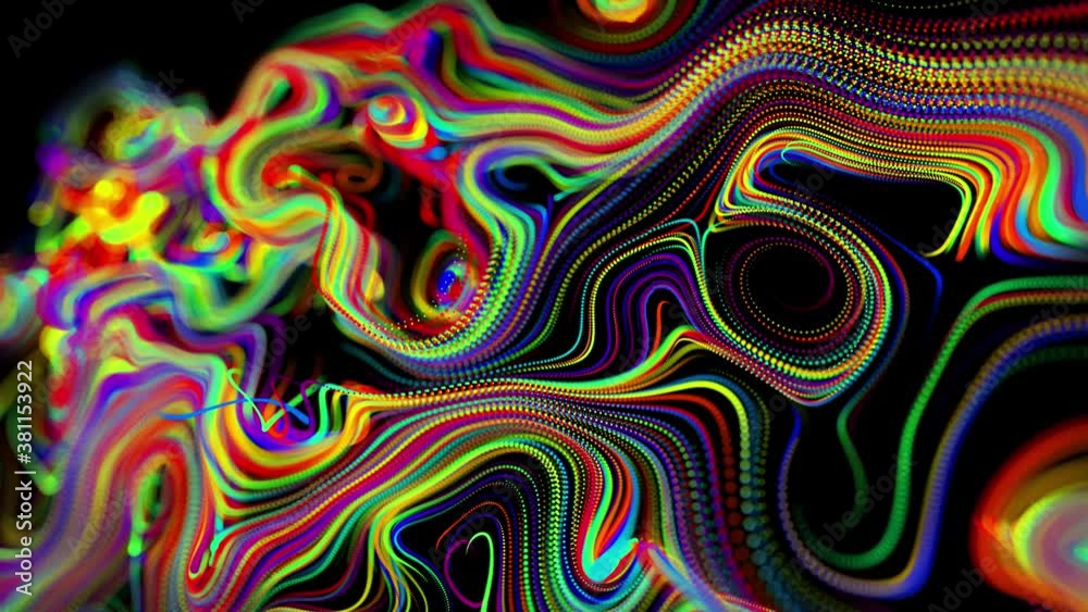 flow of particles forms curled lines like glow trails of different colors, lines form swirling pattern like curle noise. Abstract 3d looping flowing animation as bright creative festive background flow of particles forms curled lines like glow trails of different colors, lines form swirling pattern like curle noise. Abstract 3d looping flowing animation as bright creative festive background