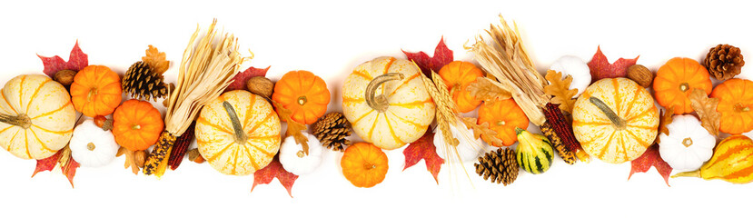 Autumn border of assorted pumpkins, gourds, leaves and corn. Top view isolated on a white background.