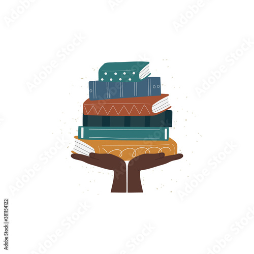 Hands holding stack of books flat illustration. Hardback books with colorful covers. Back to school, literacy, library, reading, education, teaching, learning concept isolated on white.