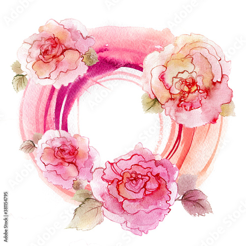 Frame with roses. Bouquet composition decorated with pink watercolor flowers