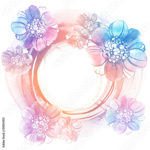 Watercolor wreath design with roses, leaves. Flower, background with floral elements