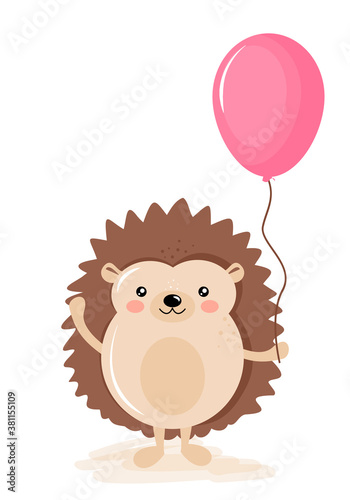 Cute hedgehog hand drawn illustraion with pink rose balloon. Autumn color poster. Good for posters, greeting cards, banners, textiles, gifts, shirts, mugs. Nursery room decoration. Birthday Card.