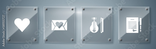 Set Marriage contract, Violin, Envelope with Valentine heart and Heart. Square glass panels. Vector.