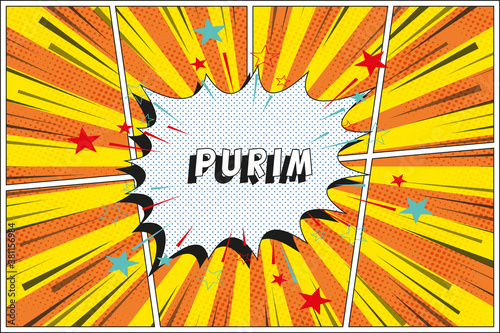 "PURIM" holiday in retro comics speech bubble on a background with radial lines and halftone dots. Holiday banner template in vintage pop art style. Vector illustration eps10