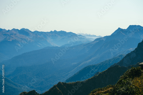 blurred natural background landscape with hazy mountains