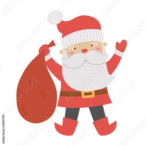 Vector Santa Claus with red sack. Cute winter Father Frost illustration isolated on white background. Funny flat style character for Christmas, New Year or winter design.
