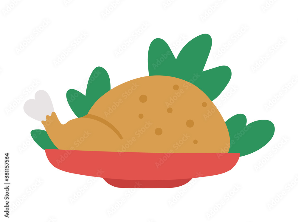 Vector fried chicken or turkey on a plate. Christmas or Thanksgiving festive food. Holiday meal isolated on white background. Vector fried chicken or turkey on a plate. Christmas or Thanksgiving festive food. Holiday meal isolated on white background.