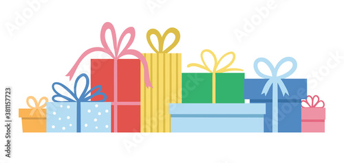 Vector horizontal set of cute presents with bows. Funny birthday or Christmas gift boxes collection. Bright holiday illustration for kids. Cheerful celebration background..