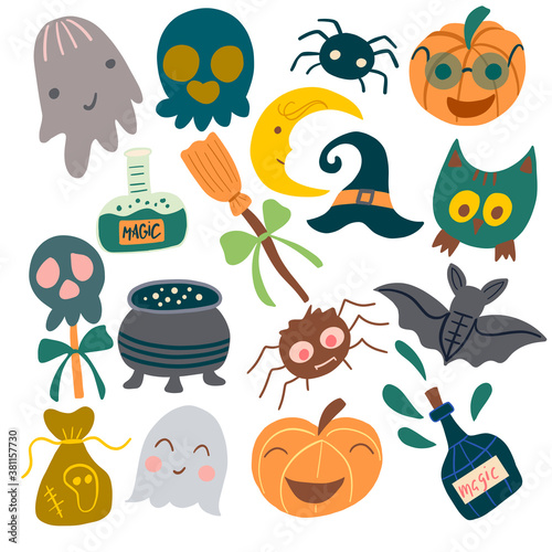 Set of traditional elements for the design of cards, posters for the celebration of Halloween. Vector graphics on a white background