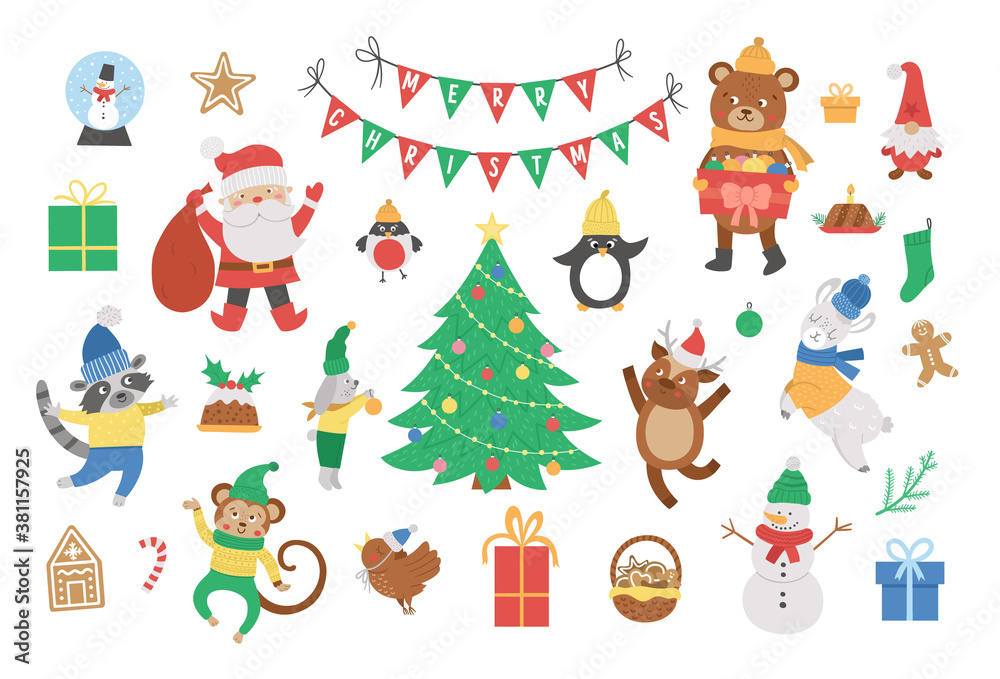 Vector set of Christmas elements with Santa Claus in red hat with sack, deer, fir tree, presents isolated on white background. Cute funny flat style illustration for decorations or new year design..