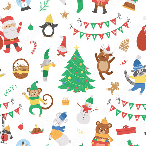 Vector seamless pattern with Christmas elements  Santa Claus in red hat with sack  deer  fir tree  presents. Cute funny flat style New Year repeating background..