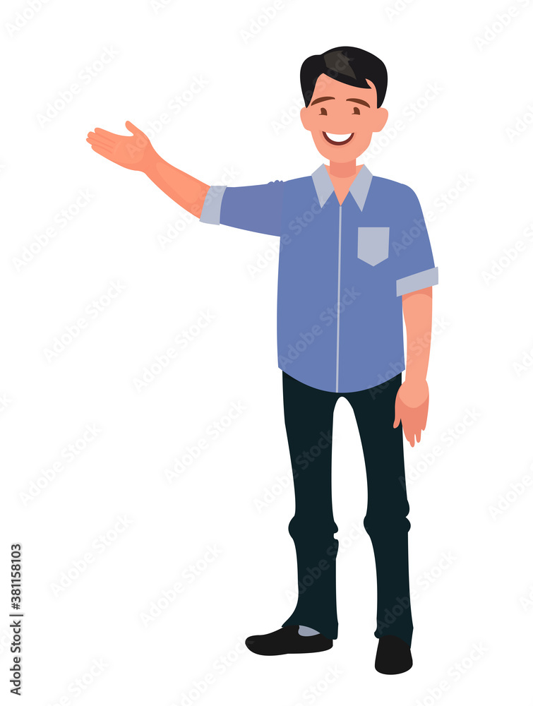 Happy man points to something. Character for advertisement. Guy shows a direction with a hand.