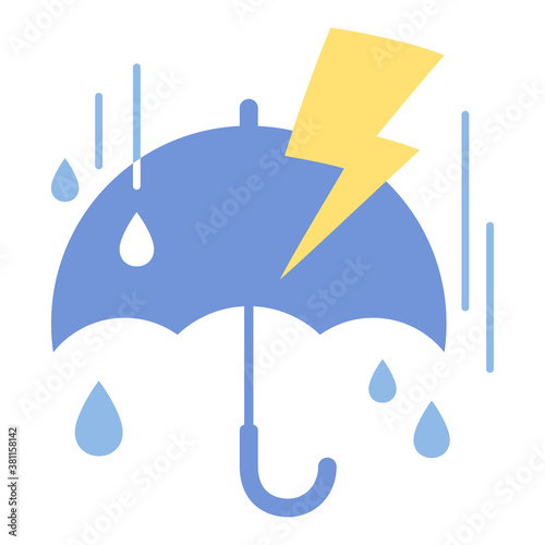  	かわいい天気のアイコン_雷雨_傘_イラスト