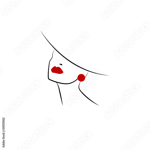 Beautiful outline female head in hat. Stylish logo of girl with red lips and earrings