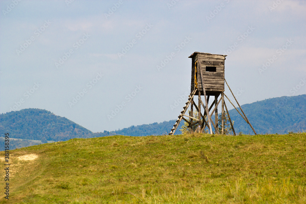 Wooden elevated hunting blind in Beskids Mountains in summer