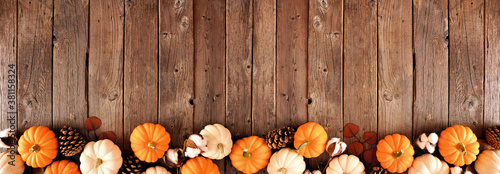 Autumn border of orange and white pumpkins with fall decor. Top view on a rustic dark wood banner background with copy space.