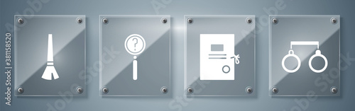 Set Handcuffs, Lawsuit paper, Magnifying glass with search and Paint brush. Square glass panels. Vector.