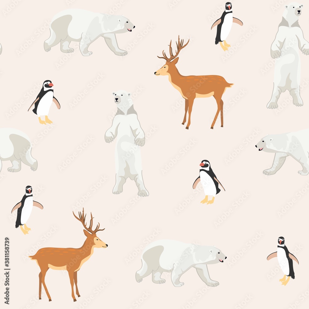 Seamless pattern with polar bear, deer and penguin background, Winter pattern, wrapping paper, pattern fills, winter greetings, web page background.