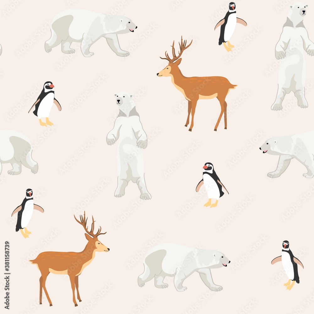 Seamless pattern with polar bear, deer and penguin background, Winter pattern, wrapping paper, pattern fills, winter greetings, web page background. Seamless pattern with polar bear, deer and penguin background, Winter pattern, wrapping paper, pattern fills, winter greetings, web page background.
