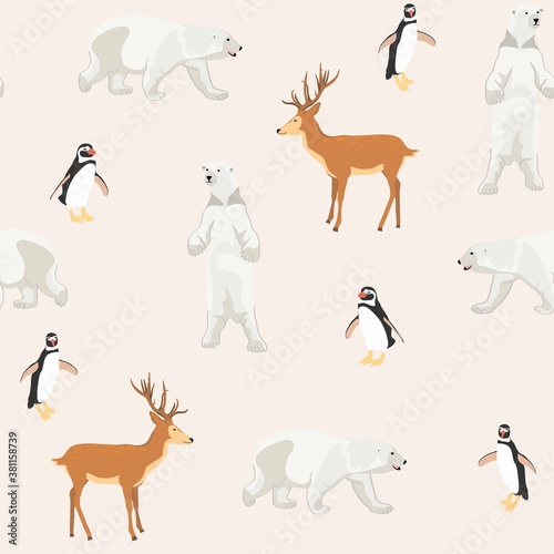 Seamless pattern with polar bear, deer and penguin background, Winter pattern, wrapping paper, pattern fills, winter greetings, web page background. © Виктор Фесюк