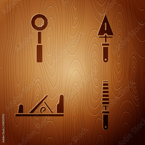 Set Chisel tool for wood, Wrench spanner, Wood plane tool and Trowel on wooden background. Vector.