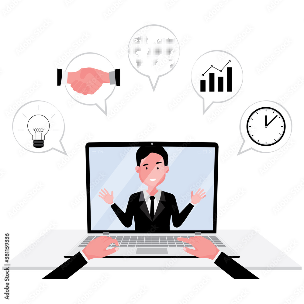 Online communication feature a person attend meeting on computer Online communication feature a person attend meeting on computer