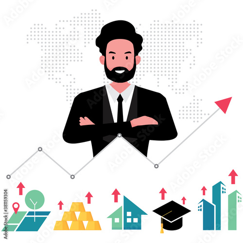 Real estate business feature a broker or realtor offering a house by standing behind a model of property