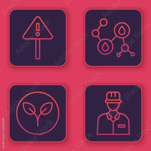 Set line Exclamation mark in triangle, Bio fuel, Molecule oil and Oilman. Blue square button. Vector.