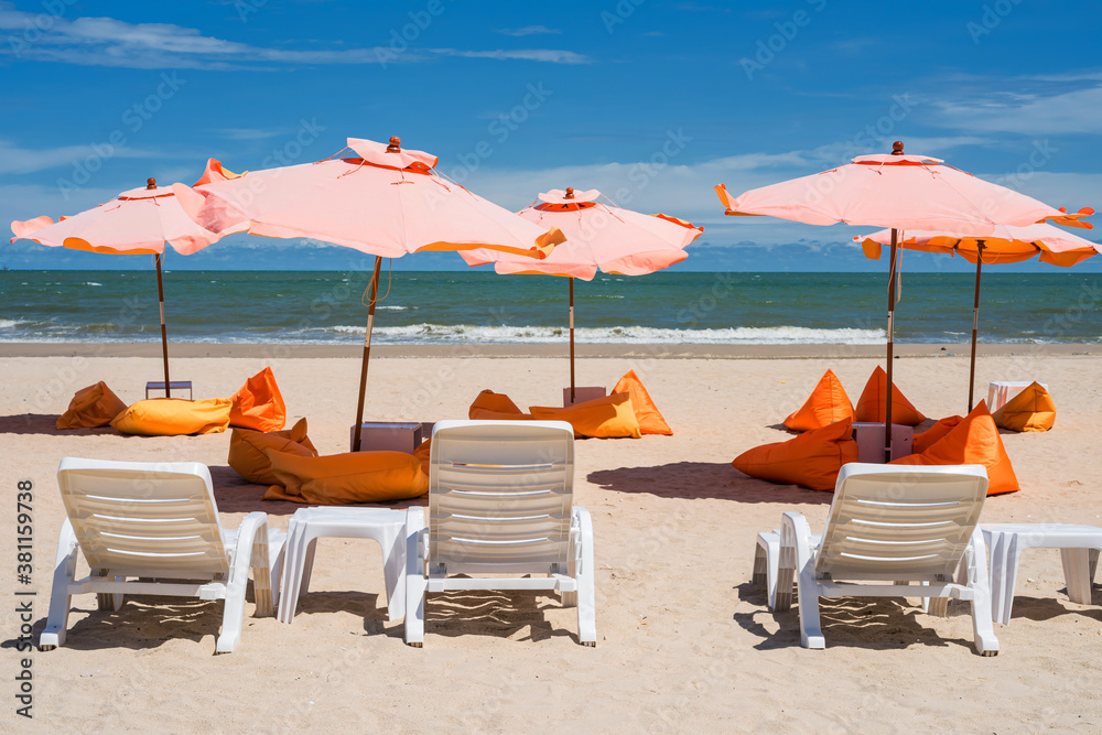 summer beach with chair. relax seat, parasol