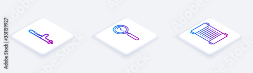 Set Isometric line Police rubber baton, Magnifying glass with search and Decree, paper, parchment, scroll. White square button. Vector.