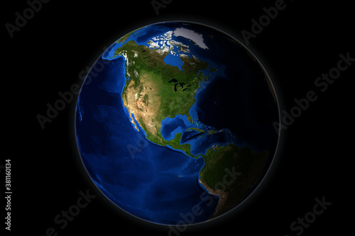 Western hemisphere of the globe. View of planet earth from space, America. Globe on an isolated black background. 3d illustration. Image elements courtesy of NASA
