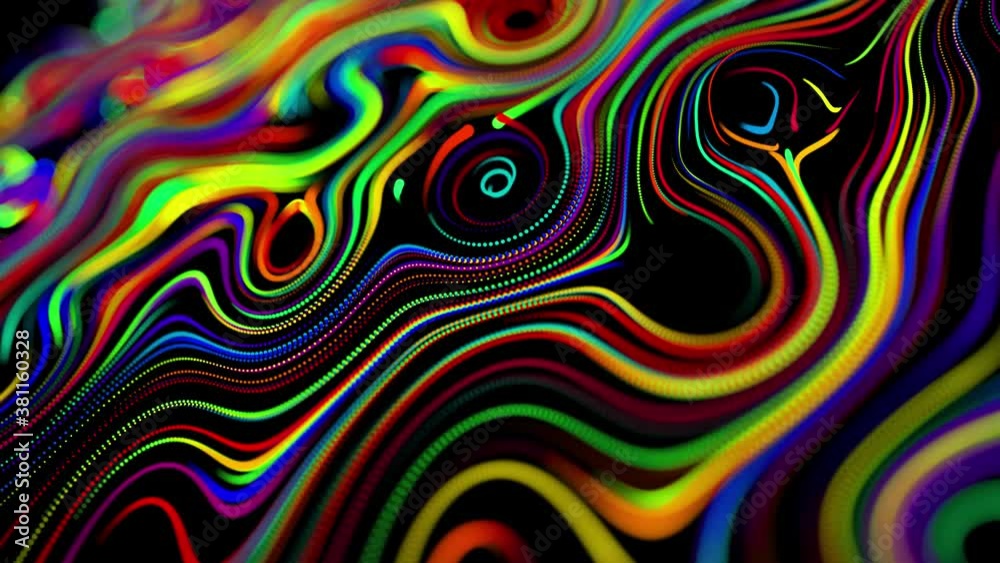 flow of particles forms curled lines like glow trails of different colors, lines form swirling pattern like curle noise. Abstract 3d looping flowing animation as bright creative festive background flow of particles forms curled lines like glow trails of different colors, lines form swirling pattern like curle noise. Abstract 3d looping flowing animation as bright creative festive background