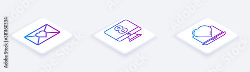 Set Isometric line Envelope with 8 March, 8 March on monitore and Online dating app and chat. White square button. Vector.