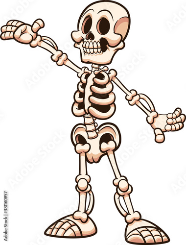 Happy cartoon white skeleton with presenting pose. Vector clip art illustration with simple gradients. All on a single layer.
