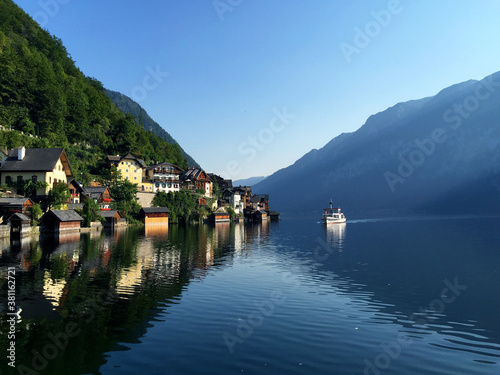 view of town with hill near lake in Hallstatt Upper Austria © April Wong