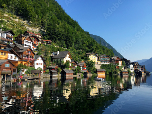 view of town with hill near lake in Hallstatt Upper Austria