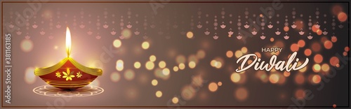 Vector greeting of Happy Diwali, Dipawali, Indian festival, festival of lights, diya lamp, oil lamp, diya danglers, patterns, colorful bokeh background, vector illustration banner, holiday wishes post