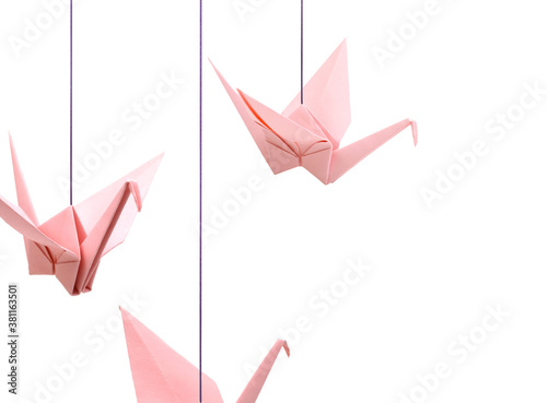 Photography origami pink birds hanging on white background