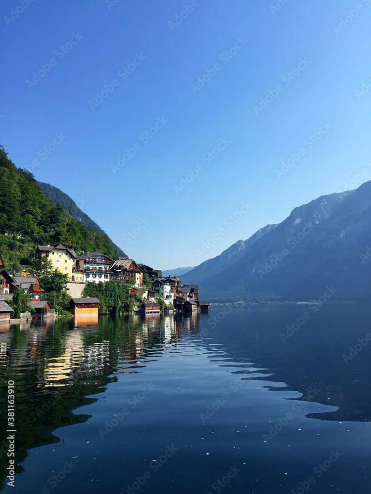 view of town with hill near lake in Hallstatt Upper Austria