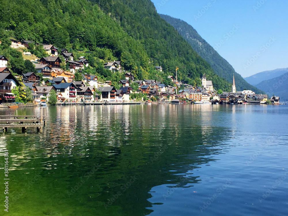 view of town with hill near lake in Hallstatt Upper Austria view of town with hill near lake in Hallstatt Upper Austria