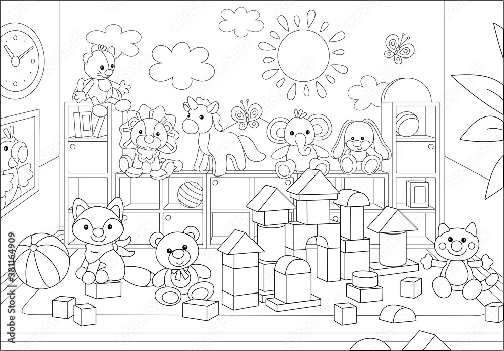 Funny toy animals and bricks in a playroom of a kindergarten, black and white vector cartoon illustration for a coloring book page