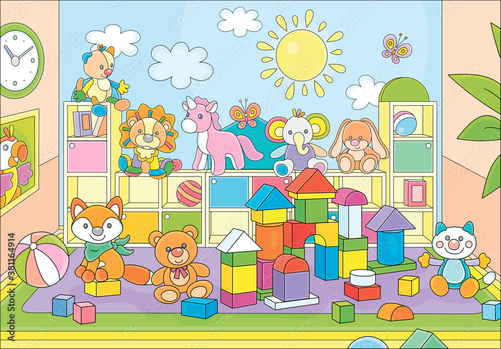 Funny colorful toy animals and bright bricks in a playroom of a kindergarten, vector cartoon illustration Funny colorful toy animals and bright bricks in a playroom of a kindergarten, vector cartoon illustration