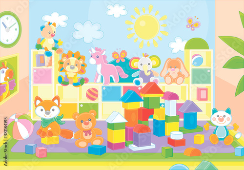 Colorful toy animals and bricks in a playroom of a kindergarten, vector cartoon illustration