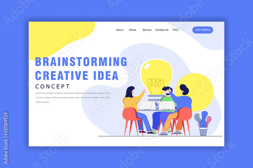 Landing Page Template with Brainstorming Creative Team Idea Discussion. Teamwork and Creative Idea Concept