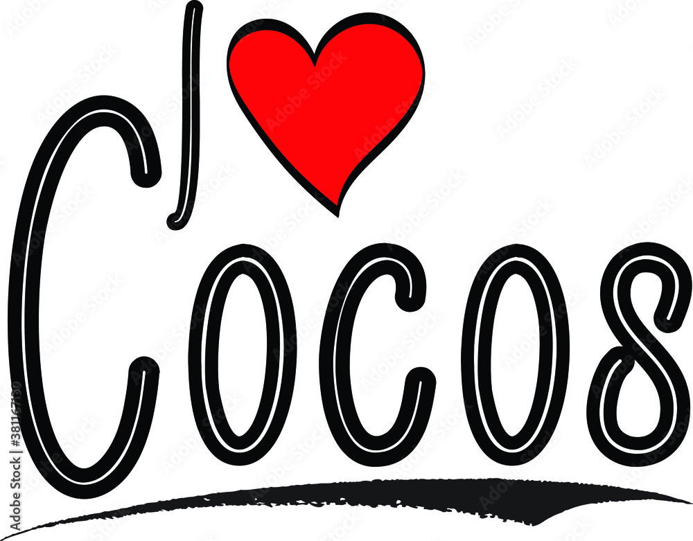 I Love Cocos Country Name Calligraphy Black Color Text on White Background I Love Cocos Country Name Calligraphy Black Color Text on White Background